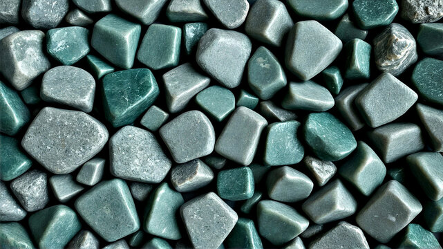 abstract surface made of tightly packed teal pebbles with smooth concave shapes and a natural stone texture.
