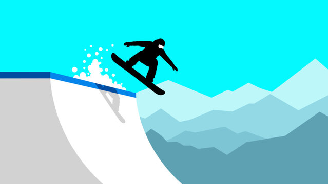 Snowboarder silhouette jumping on halfpipe with mountain background