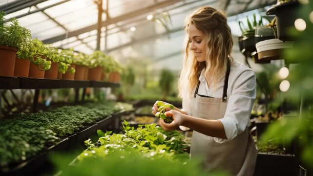 This video shows a smiling young woman carefully tending to green plants inside a sunlit commercial greenhouse environment.