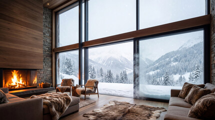 Obraz premium A cozy modern living room with a stunning snowy mountain view. Enjoy the warm ambiance by the fireplace, perfect for winter retreats or vacations.