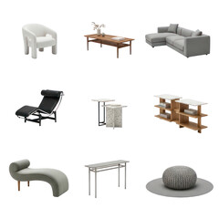 A curated selection of modern and contemporary furniture pieces. Includes various seating options, tables, and storage units, presented on a clean white background for a focused view.