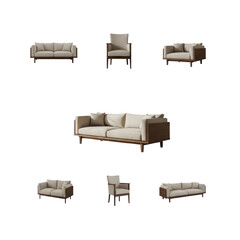 A collection of modern beige fabric sofas and an armchair with dark wood frames, showcased in a well-lit interior with a shoji screen and warm sunlight creating a cozy atmosphere.