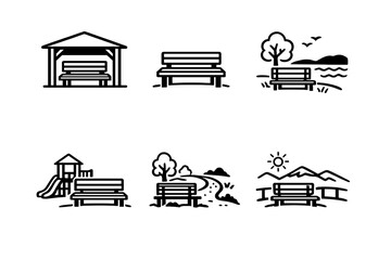 Obraz premium Outdoor and park icon set. Featuring bench, gazebo, playground, landscape, tree, nature, path, sun, view, and more.