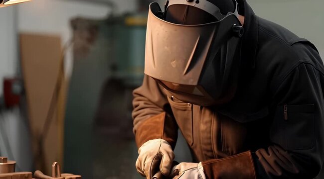Welder working with protective gear in workshop.