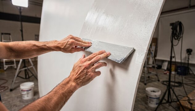 Medium shot of hands applying a matte coating onto a cyc surface to enhance projection clarity with blurred workshop elements behind.