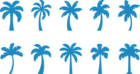 Obraz premium A diverse collection of ten distinct blue palm tree silhouettes arranged neatly on a crisp white backdrop
