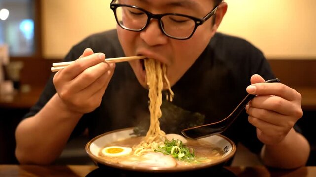 Man eats steaming ramen noodles.