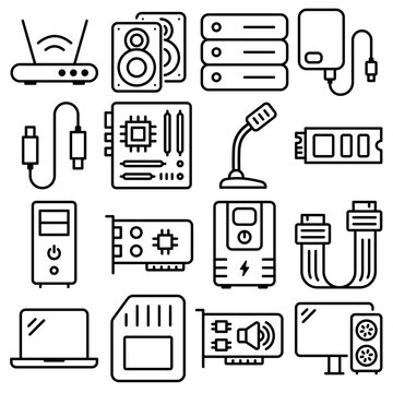 PC Hardware Essentials Icon Set Outline Style (Part 3)