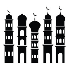 Set of mosque minarets collection, traditional islamic tower elements in black silhouette with crescent moon vector illustration