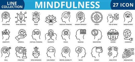 Mindfullness icon set out line style icon set collection vector illustration