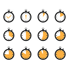 Set of stopwatch icons with time running out, showing different progress stages in yellow color, isolated on white background