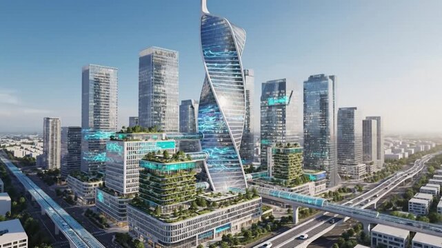 Futuristic eco-friendly cityscape with towering glass skyscrapers, lush green terraces, and elevated transport systems