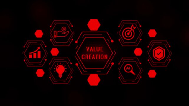 Red hexagonal network diagram illustrating value creation with for growth, finance, ideas, AI, target, and security on a black, smoky background