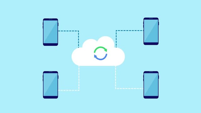 Flat vector illustration of a cloud with a sync icon connected to four smartphones, representing mobile cloud data synchronization on a light blue background.

