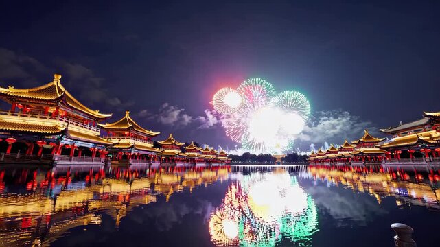 Traditional Chinese architecture with vibrant fireworks reflecting in water