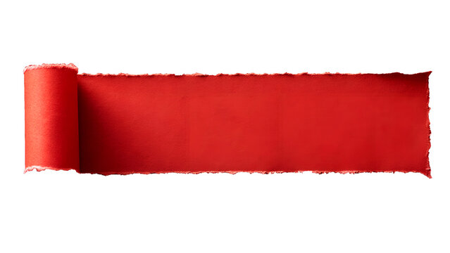 Torn and rolled red textured paper revealing copy space on transparent background