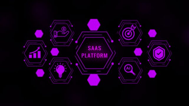 A digital infographic the concept of a Saa S platform with interconnected hexagonal representing business processes growth investment idea artificial intelligence and security in vibrant purple on