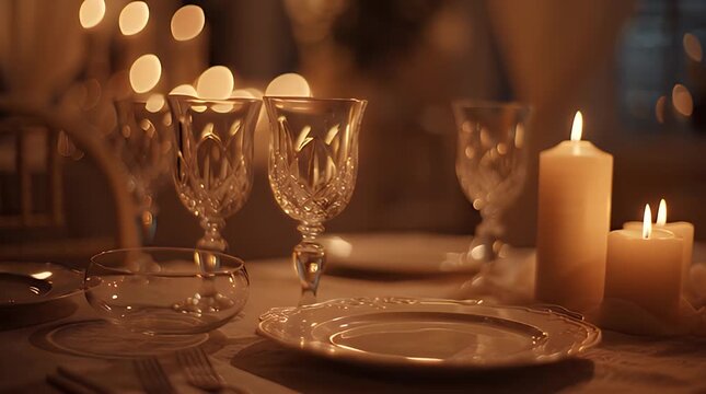 Romantic dinner setting with fine china and candles on a beautifully set table indoors with warm ambiance