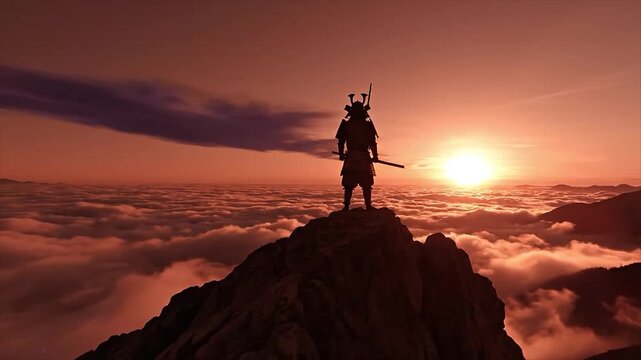 Silhouette samurai warrior standing on mountain peak at sunrise with city skyline below surrounded by clouds. Suitable for historical dramas, travel documentaries, and epic adventure content