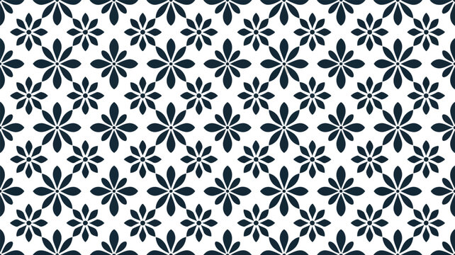 A repeating floral or star like pattern in dark blue on a bright white seamless surface