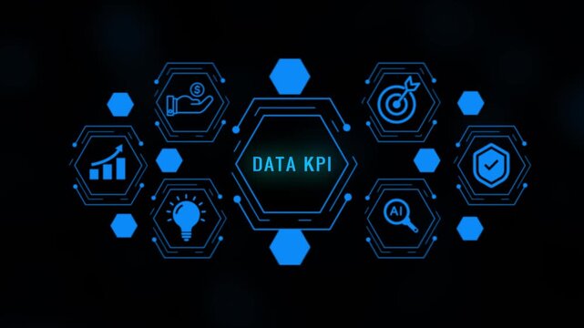 A digital infographic data KPI with interconnected hexagonal for business processes growth investment idea artificial intelligence and security in vivid blue on a dark background