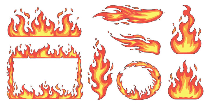 Cartoon fire flame elements set with various shapes including borders, frames, and trails vector illustration