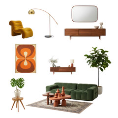 A curated collection of mid-century modern living room furniture including a yellow armchair, green tufted sofa, and terracotta coffee table, set against a clean white background.