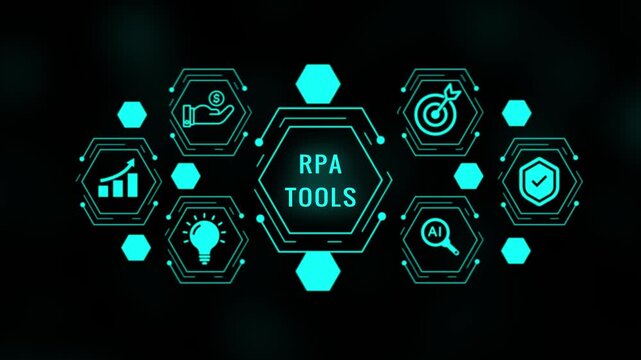 A digital infographic the concept of RPA tools with interconnected hexagonal representing business processes growth investment idea artificial intelligence and security in bright cyan on a dark