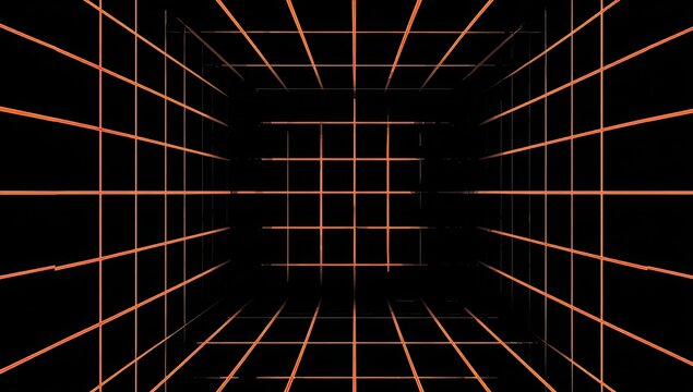A geometric perspective illustration displaying a three-dimensional orange grid against a black background