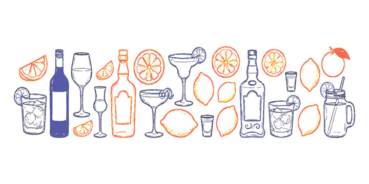 Horizontal hand-drawn border with various alcoholic drink bottles, cocktail glasses, and fresh citrus fruits illustration