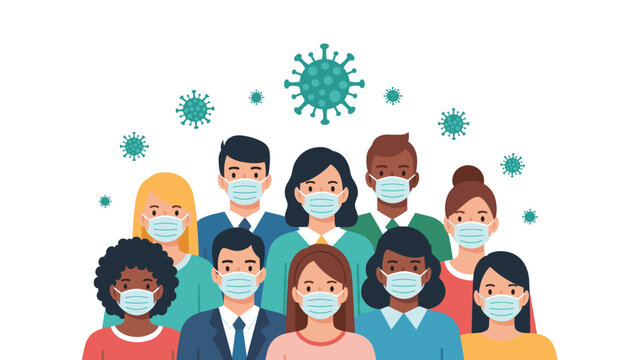 Diverse group of men and women wearing protective blue surgical face masks to prevent the spread of viral infections and diseases.