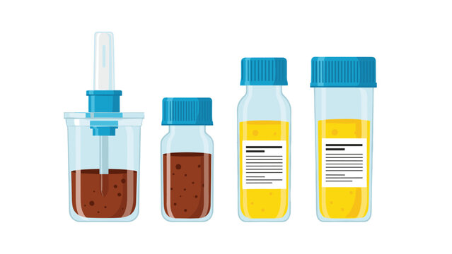 Collection of laboratory sample containers for medical testing including jars for stool and bottles for urine analysis.