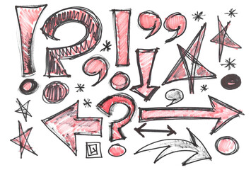 Fototapeta premium Hand drawn symbol, question and exclamation mark, stars, arrow, point, quotation, grunge red and black marker isolated on white background, pattern and texture, design element, photo