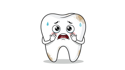 Obraz premium Worried cartoon tooth character with brown stains and sweat drops touching its cheeks in fear of dental decay and cavities.
