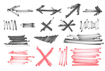 Hand drawn lines and arrows, scribbles grunge red and black marker isolated on white background and...