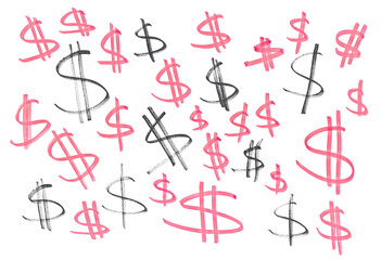 Hand drawn symbol dollar, grunge red and black marker isolated on white background, pattern and...
