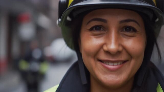 A portrait of a smiling firefighter wearing a helmet, a symbol of bravery and dedication