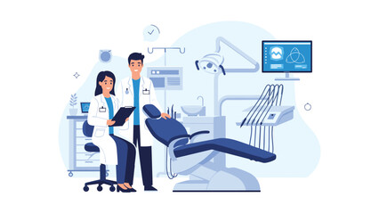 Fototapeta premium Modern dental clinic features a male and female dentist standing next to a patient chair and advanced medical equipment for care.
