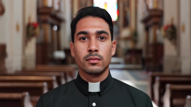 A portrait of a person wearing clergy apparel, standing inside a place of worship. The image provides a front-facing perspective, where the individual is centrally positioned.