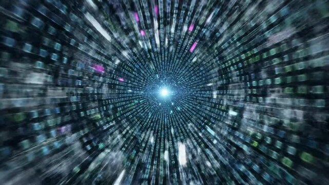 Abstract digital tunnel animation binary code flowing through space