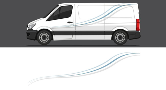 White delivery van with blue swoosh graphics in motion across a road.