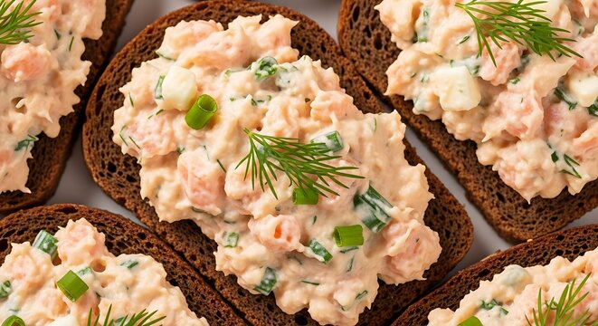 Delicious salmon salad spread on dark rye bread slices garnished with dill.