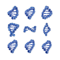 Collection Of Blue DNA Helix Molecules In Various Abstract Shapes And Forms Isolated On White Background Scientific Research Medical Biotechnology Concept