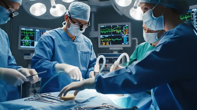 A focused surgical team in blue scrubs and masks performs a delicate procedure under bright lights in a sterile operating room with advanced medical monitoring equipment.