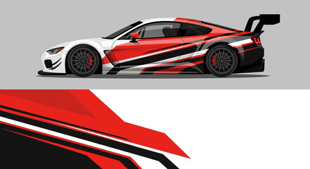 Sleek red racing sports car with bold decals and aerodynamic design on plain background. © Lailatul