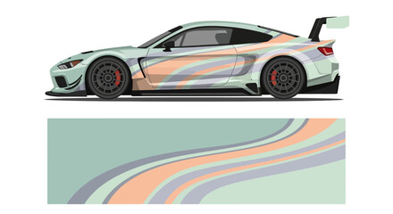 Fototapeta premium Sleek racecar with vibrant wrap beside abstract swooping lane artwork in studio shot.