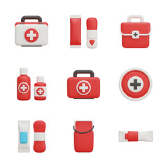 A 3D rendered collection of various medical first aid kit and supply icons. Features red and white color schemes with a white cross symbol on a transparent background.