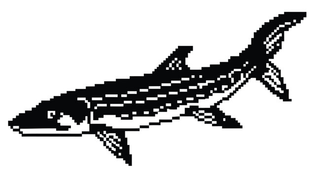 Pixel Art 1-Bit Ichthyosaurus Dinosaur Swimming Sea Sprite