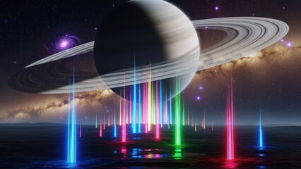 Obraz premium Celestial scene banded planet with rings, neon light pillars, galaxy background