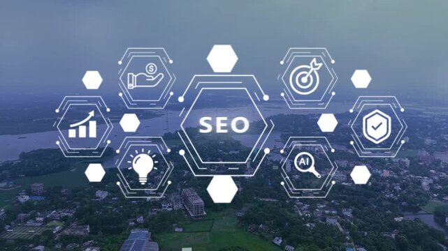 Digital marketing strategy concept with SEO and AI overlaid on an aerial view of a city showing growth and business development with data analysis and target achievement symbols Keywords: seo